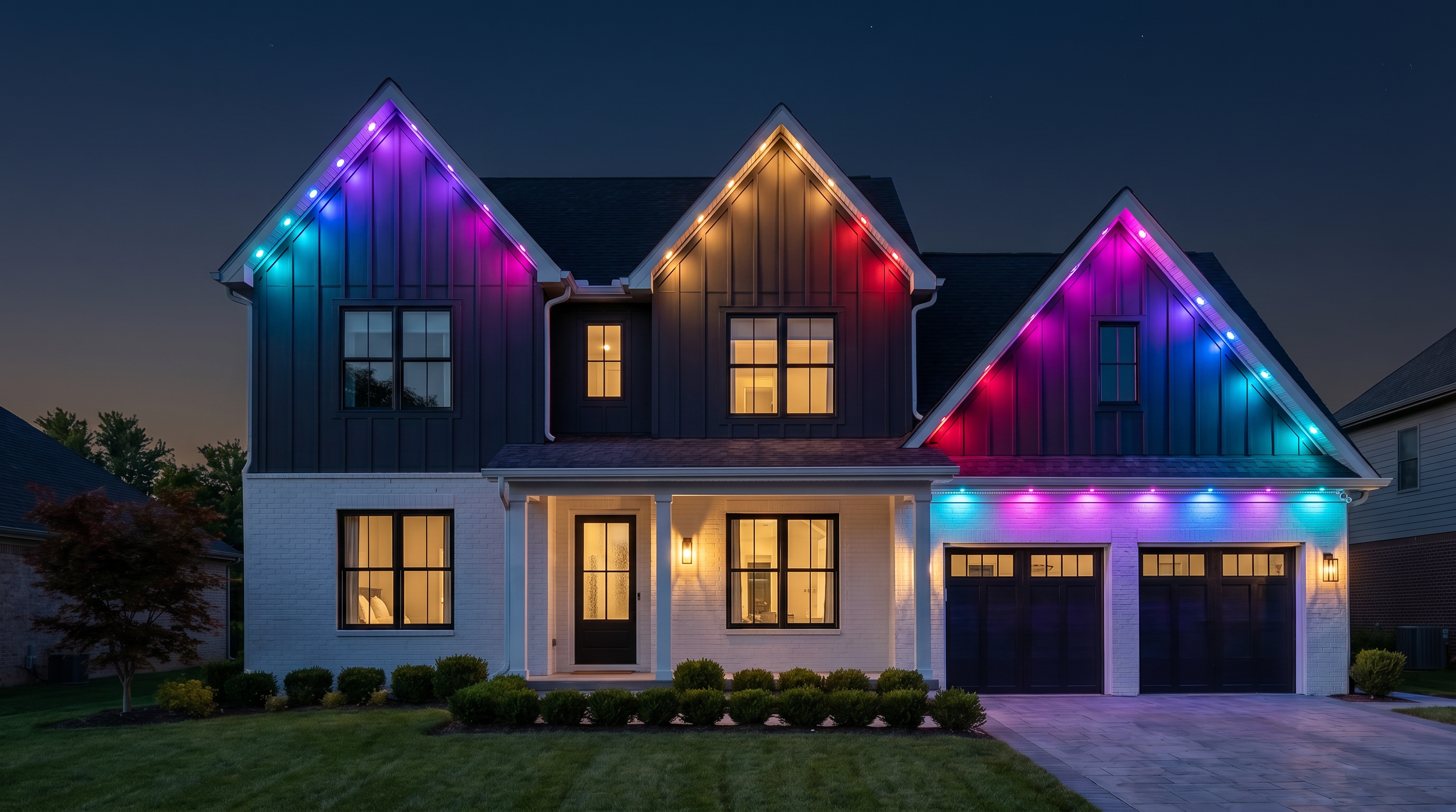 Same home at night with permanent outdoor lights blazing in cyan, purple, magenta, and gold along every rooflne and gable.
